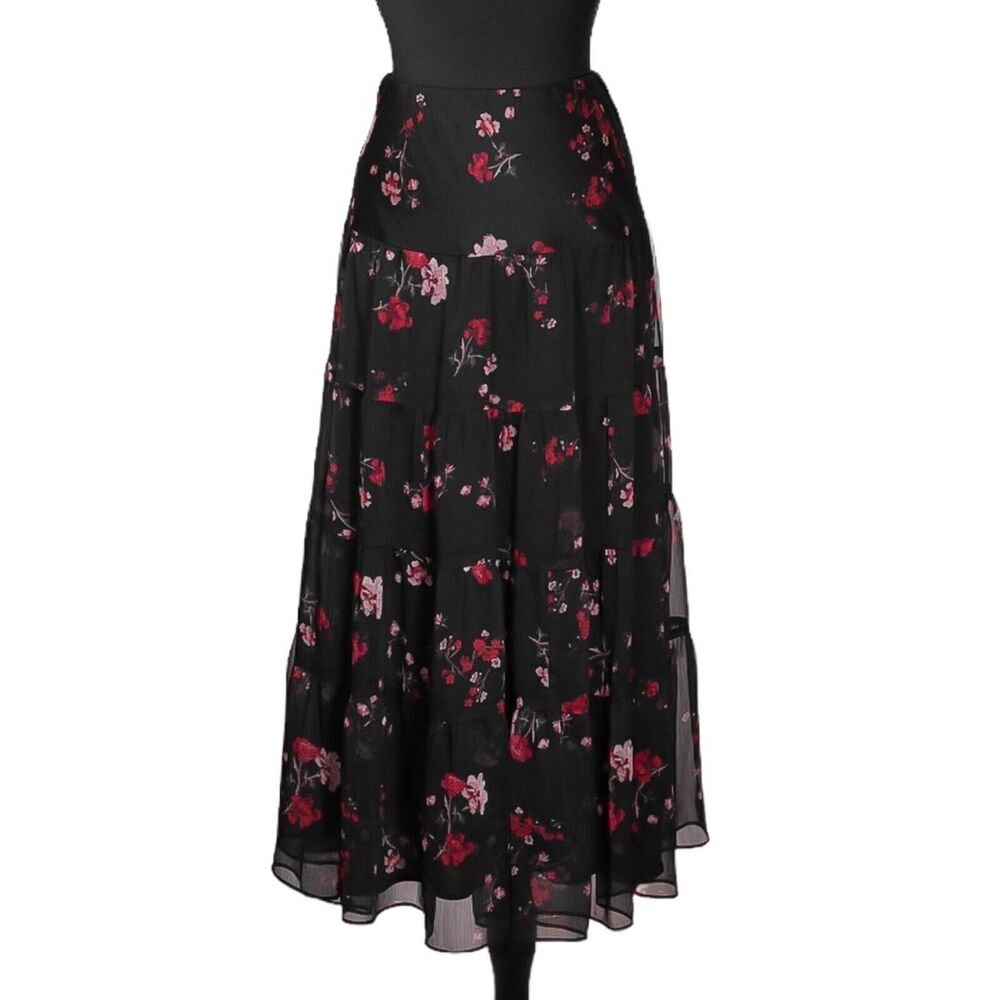 Ralph Lauren Womens Maxi Skirt Black Red Elastic Waist Tiered Long Lined Size 2X